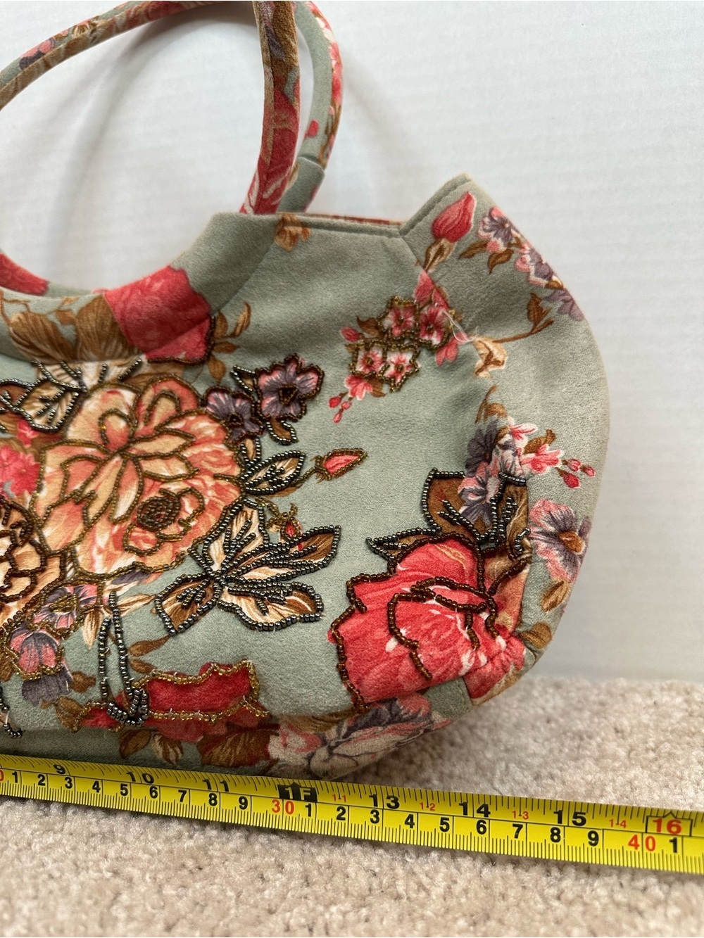 Floral Embroidered Circle Handle Shoulder Bag - Sage Green and Coral Accents - Picture 8 of 8